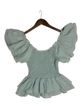 A. Calin by Flying Tomato Sage Green Smocked Ruffle Peplum Top Small Romantic